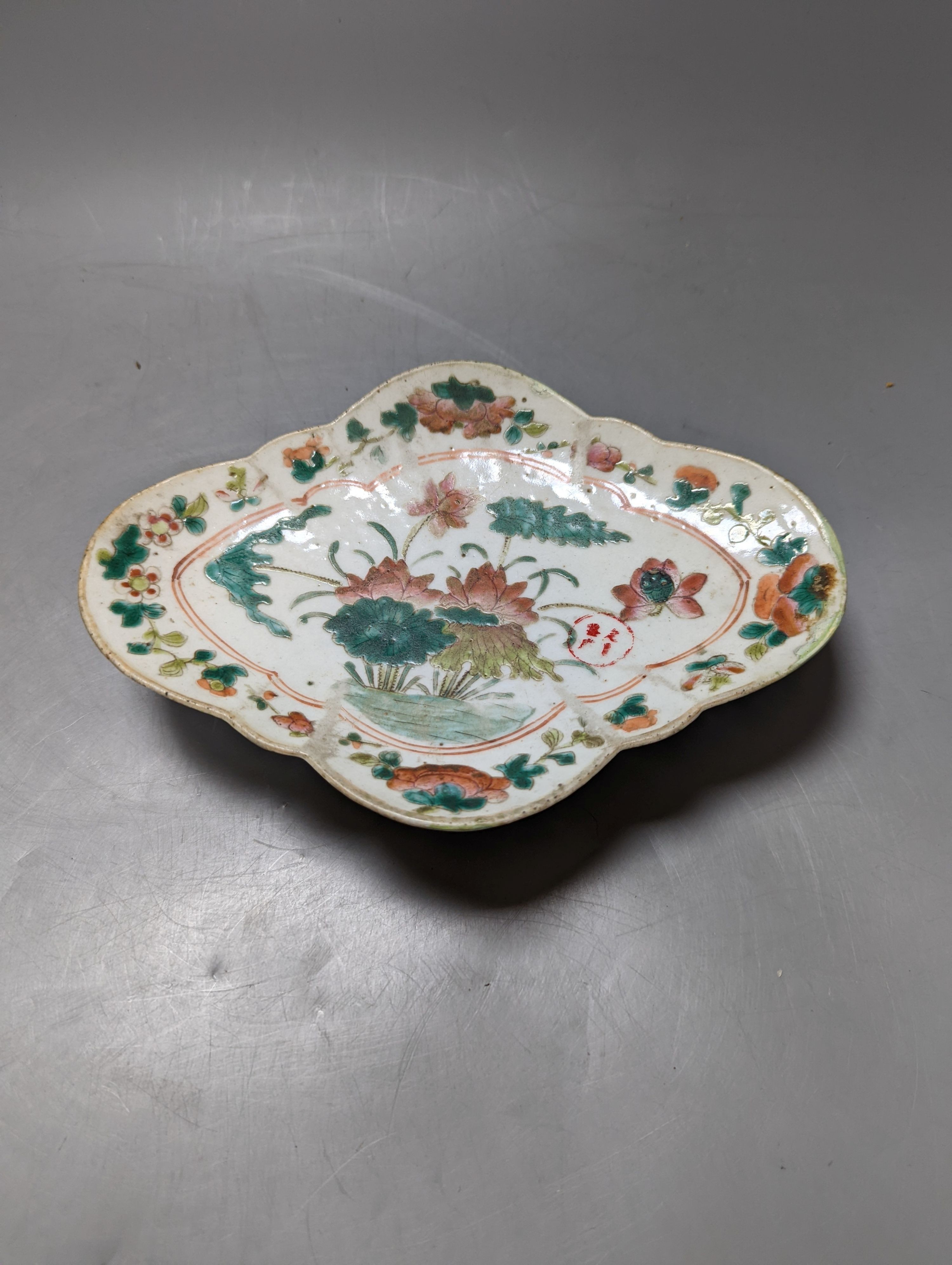 Three Chinese enamelled porcelain dishes and a stand, largest 21cm